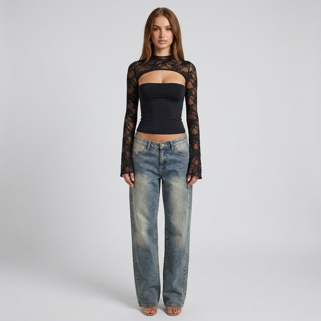 Top Dames Kant Cutout Mock Neck Flare Mouwen