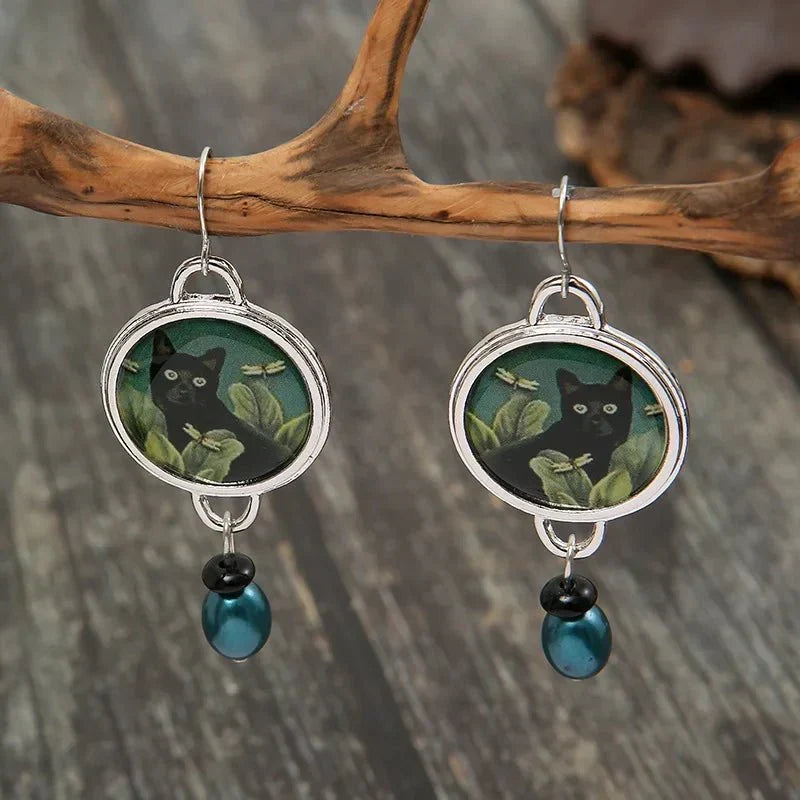 Vintage Tropische Zwarte Kat Dangle Oorbellen