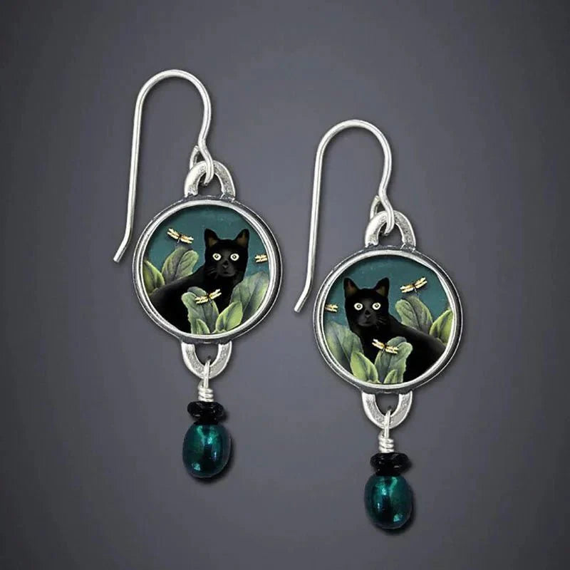 Vintage Tropische Zwarte Kat Dangle Oorbellen
