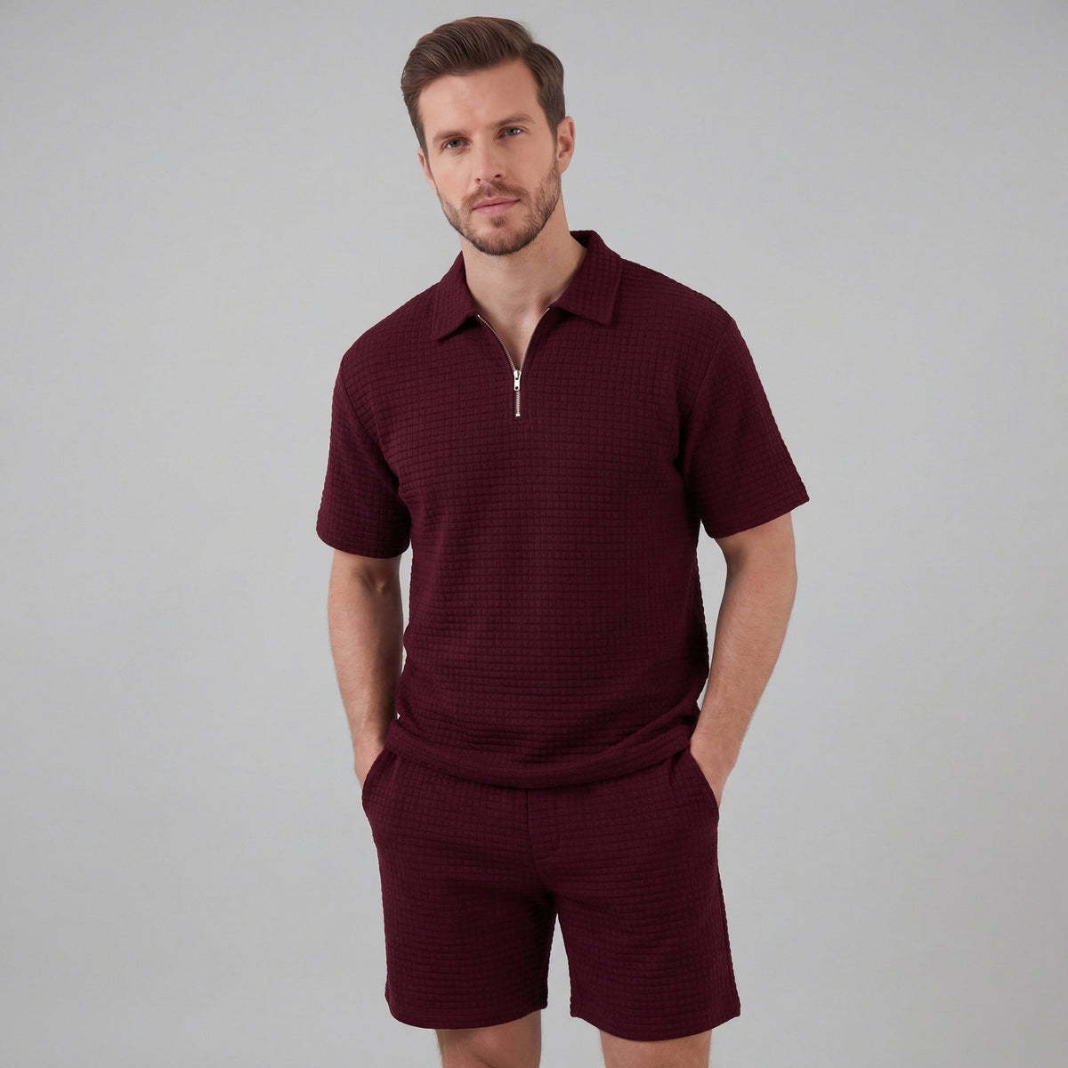 Waffle Knit Set Heren Zomer Casual Half Zip Polo