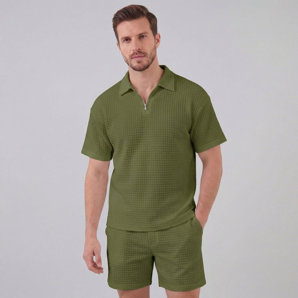 Waffle Knit Set Heren Zomer Casual Half Zip Polo