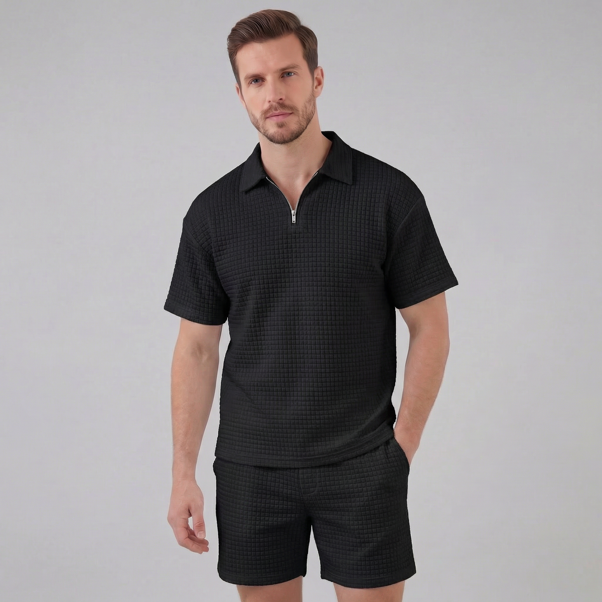 Waffle Knit Set Heren Zomer Casual Half Zip Polo