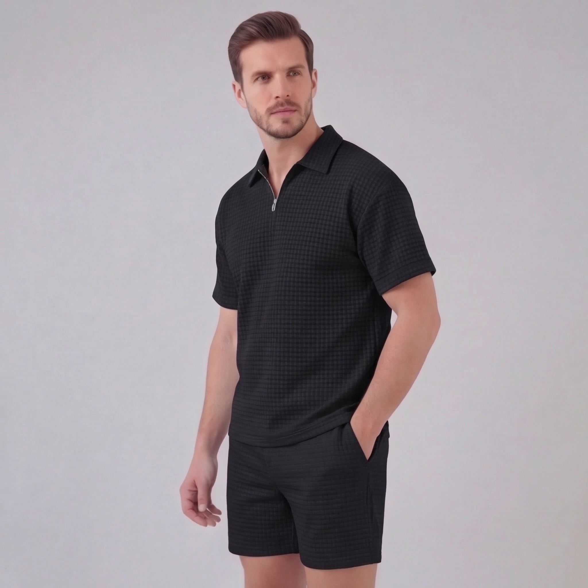 Waffle Knit Set Heren Zomer Casual Half Zip Polo