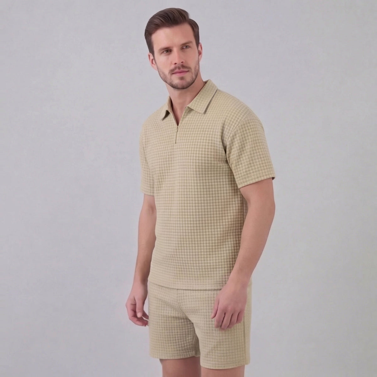 Waffle Knit Set Heren Zomer Casual Half Zip Polo