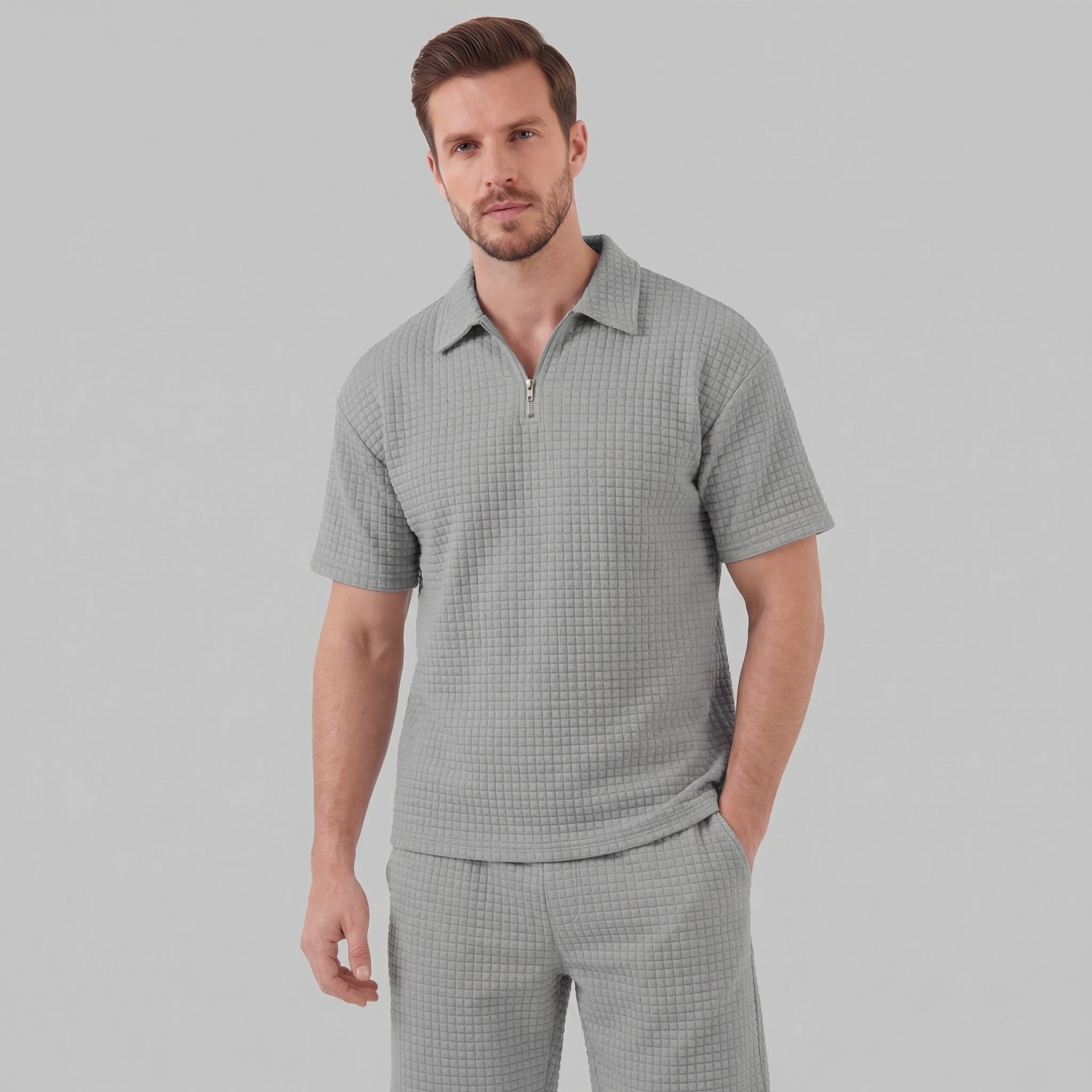 Waffle Knit Set Heren Zomer Casual Half Zip Polo