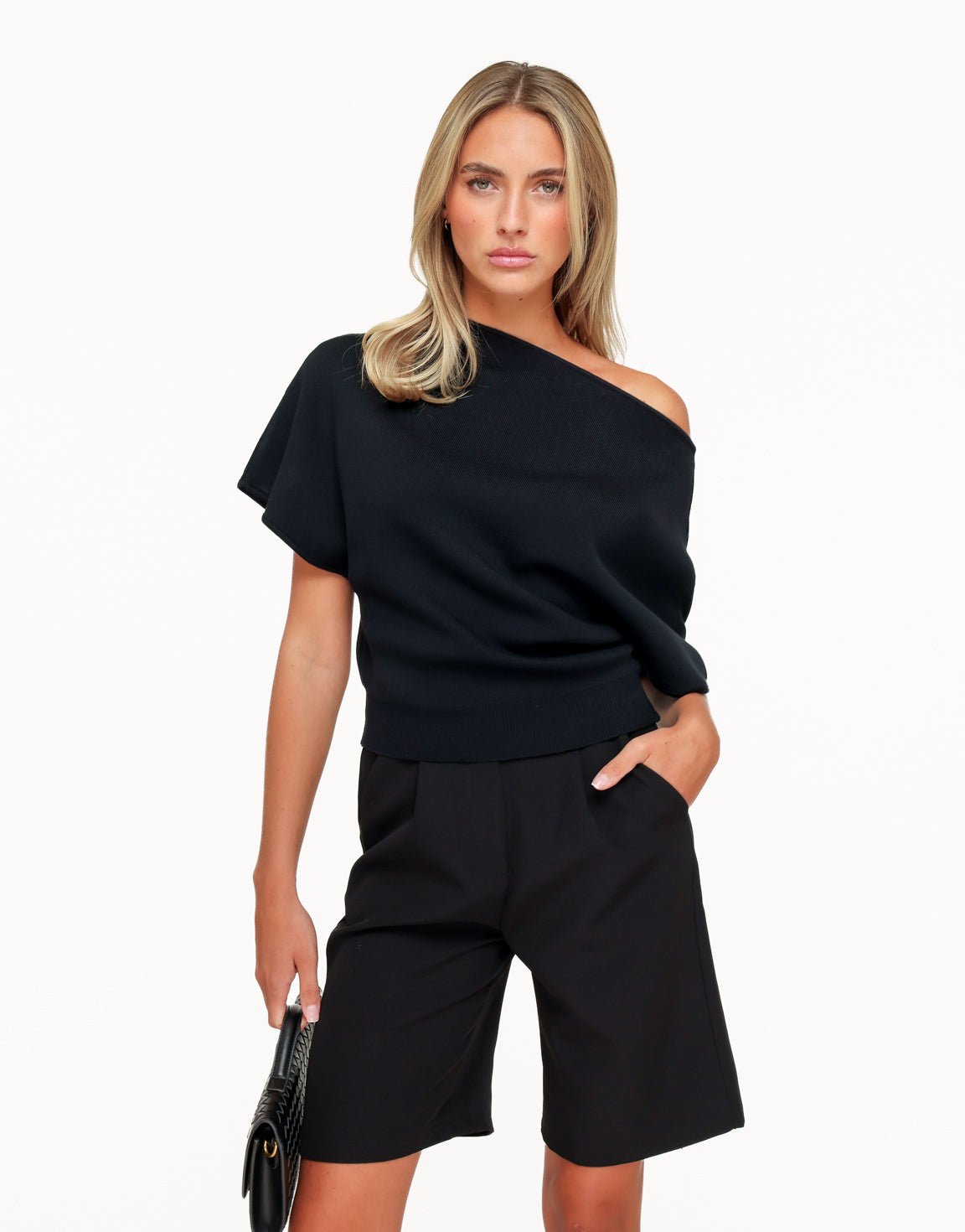 Zwarte Gebreide Off Shoulder - Trui