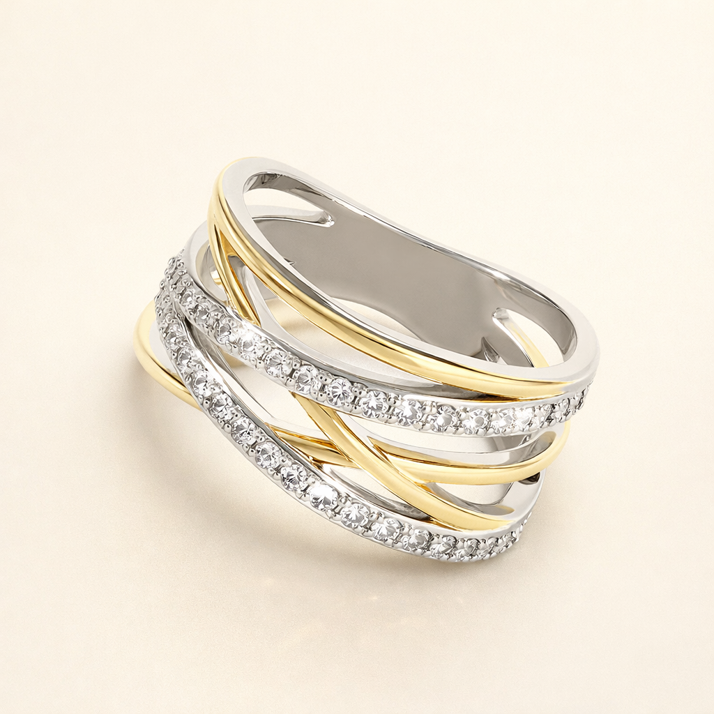 Stralende zirkonia ring in gemengd goud