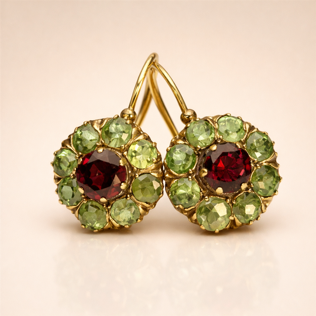 Elegante gouden oorbellen met groene en rode kristallen