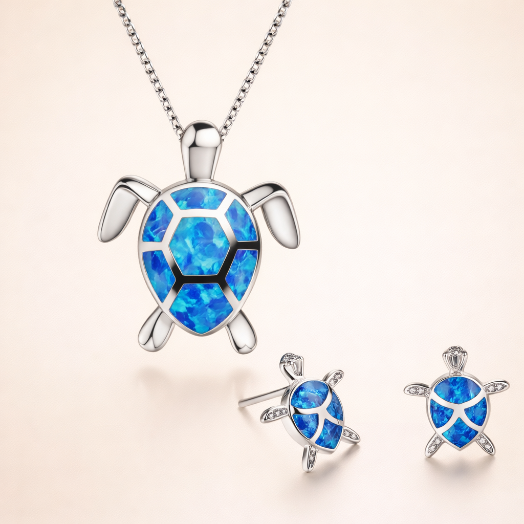 Zeewater Schildpad Ketting + Oorbellen Set in Opal en Zilver