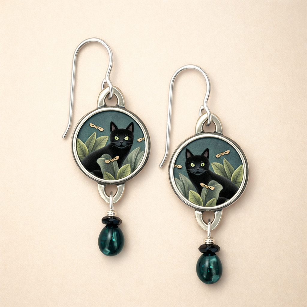 Vintage Tropische Zwarte Kat Dangle Oorbellen