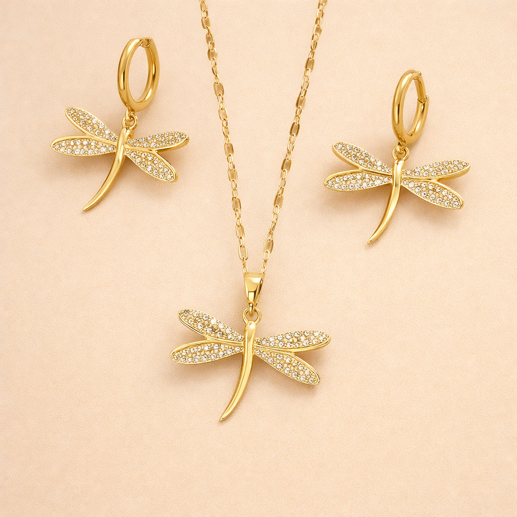 Gouden Libelle Sieraad Ketting met Bonus Oorbellen