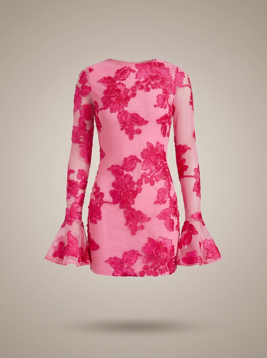 Mini Jurk Dames Aansluitend Bloemenprint Flare Mouwen Feestelijk