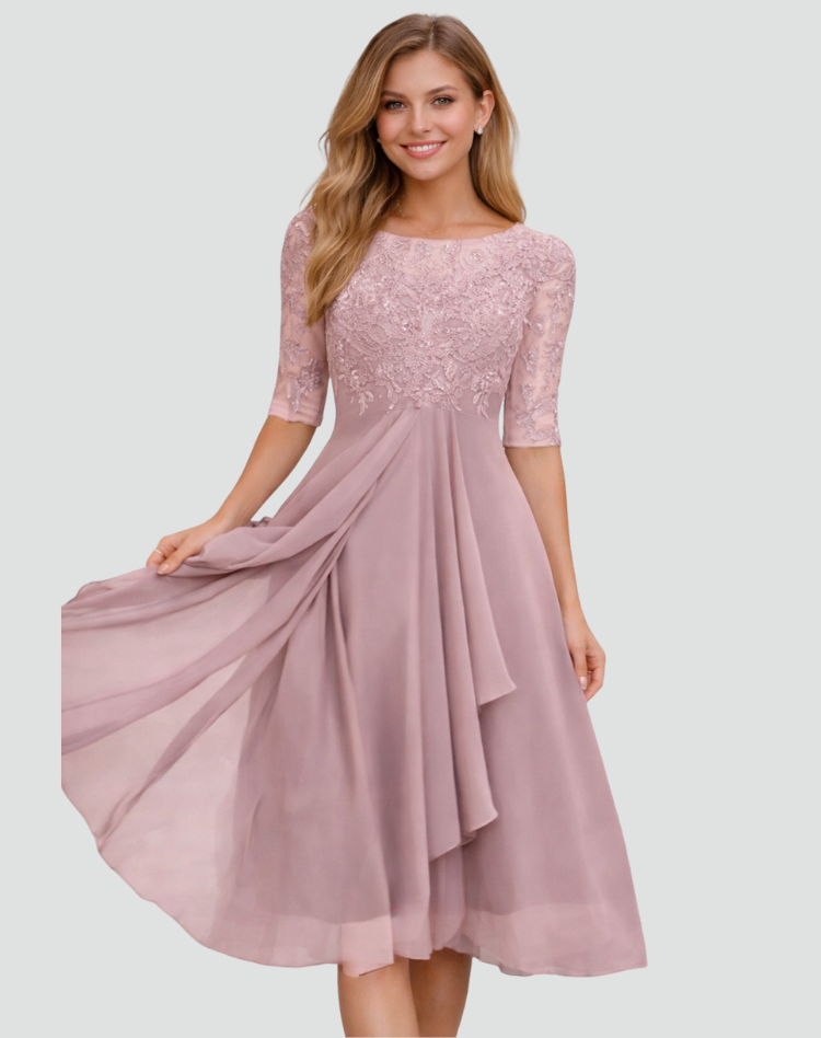 Midi feestjurk Dames Regular Fit Kant Driekwart Mouw