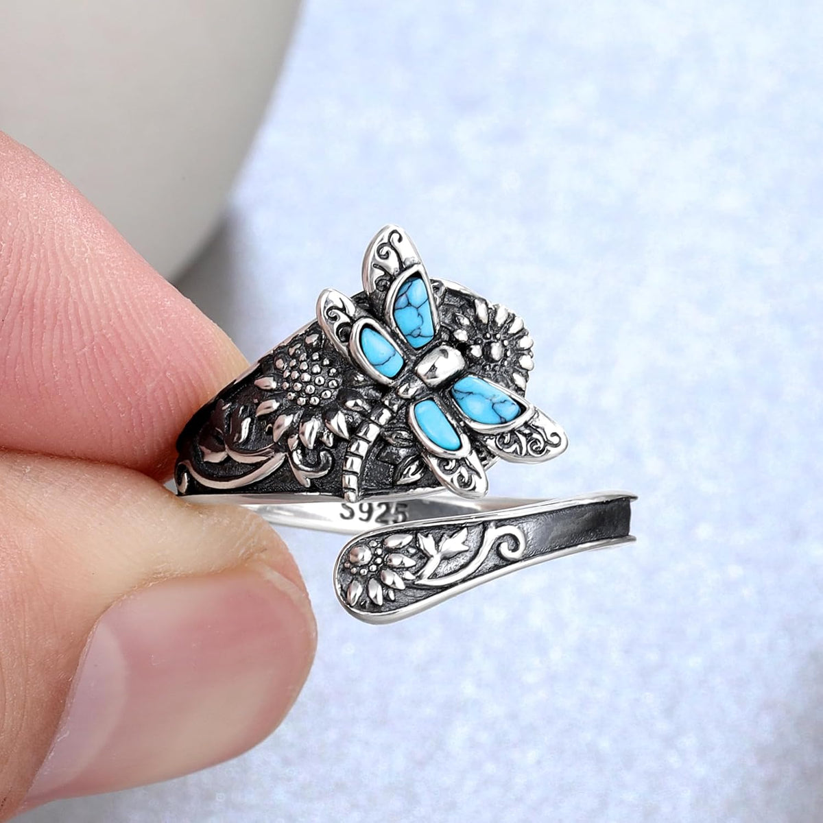Sterling Zilveren Turquoise Lepelring – Vintage Boho Wikkelring met Libelle