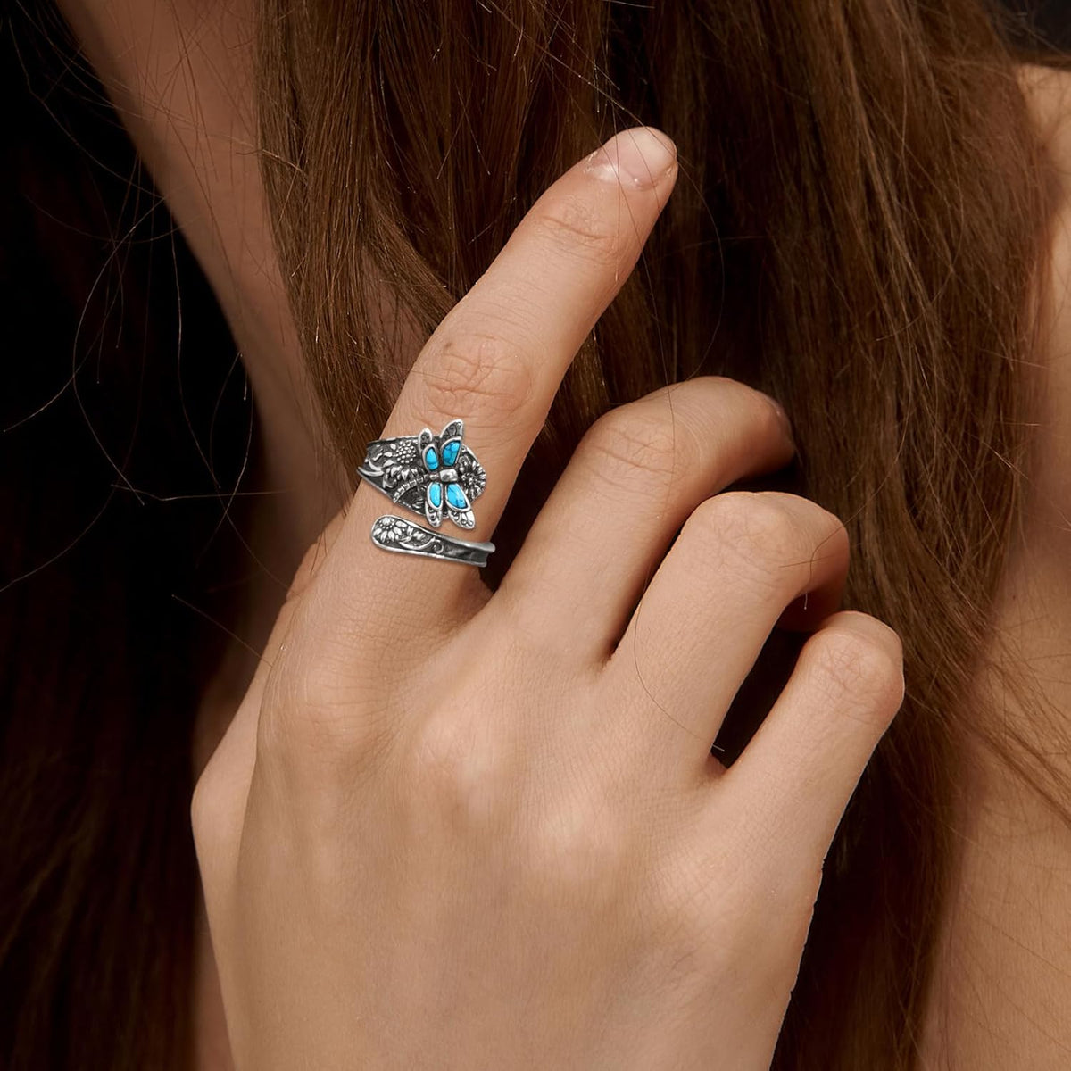 Sterling Zilveren Turquoise Lepelring – Vintage Boho Wikkelring met Libelle