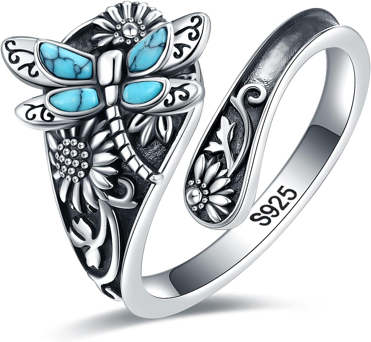 Sterling Zilveren Turquoise Lepelring – Vintage Boho Wikkelring met Libelle