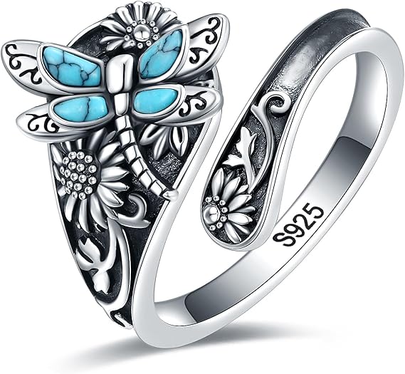 Sterling Zilveren Turquoise Lepelring – Vintage Boho Wikkelring met Libelle