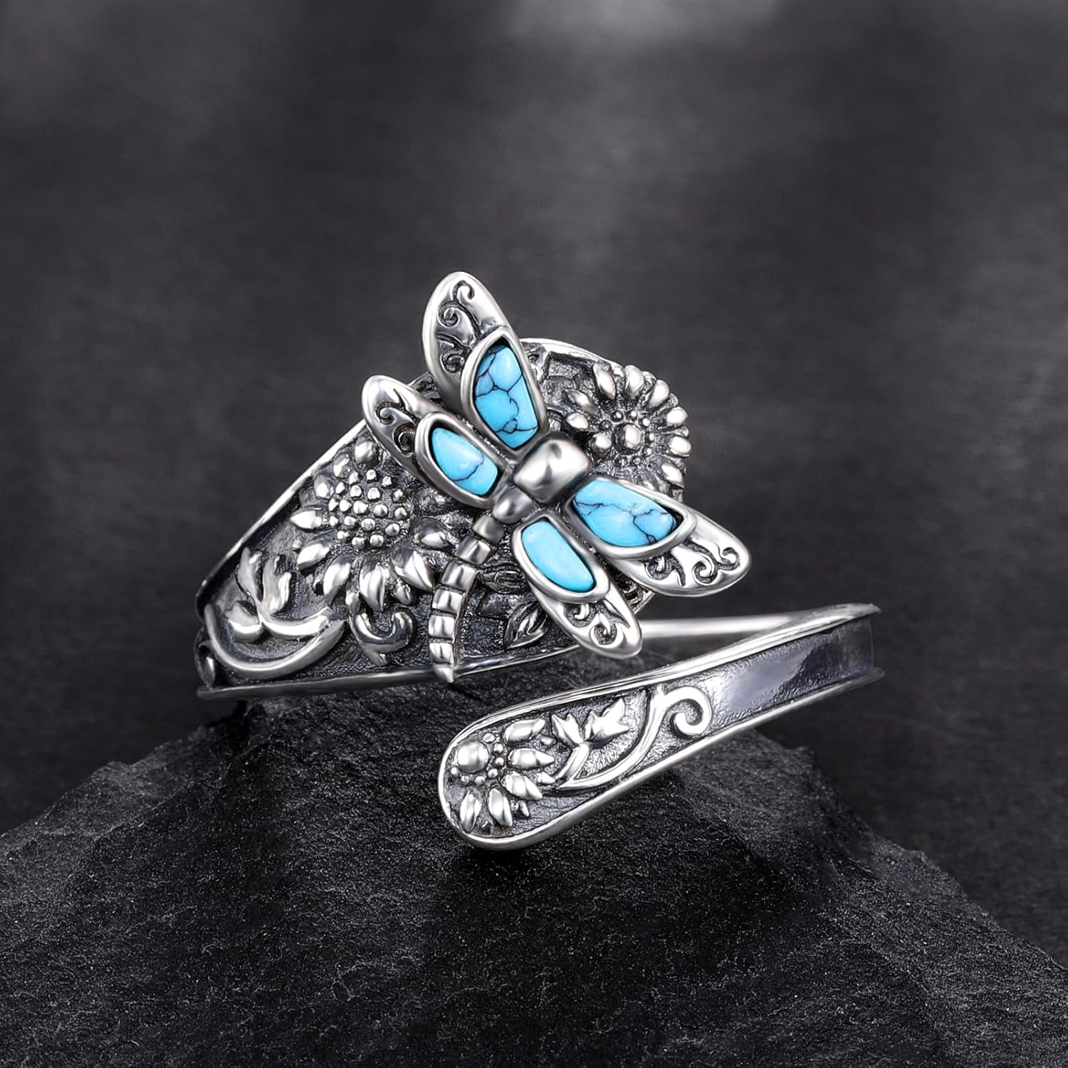 Sterling Zilveren Turquoise Lepelring – Vintage Boho Wikkelring met Libelle