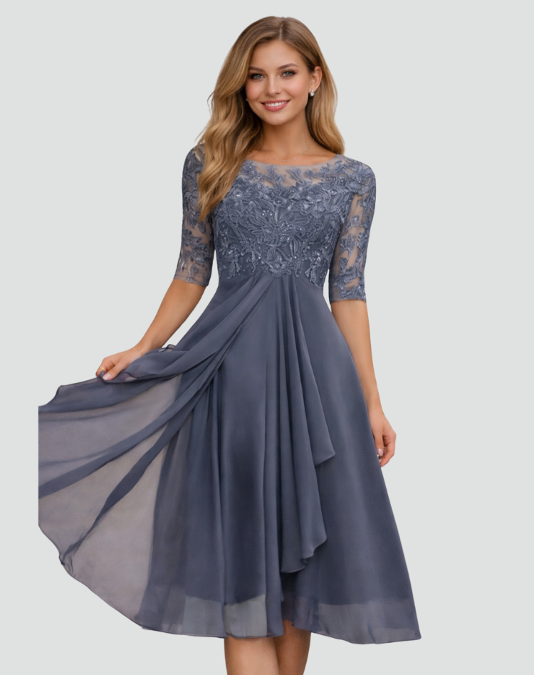 Midi feestjurk Dames Regular Fit Kant Driekwart Mouw