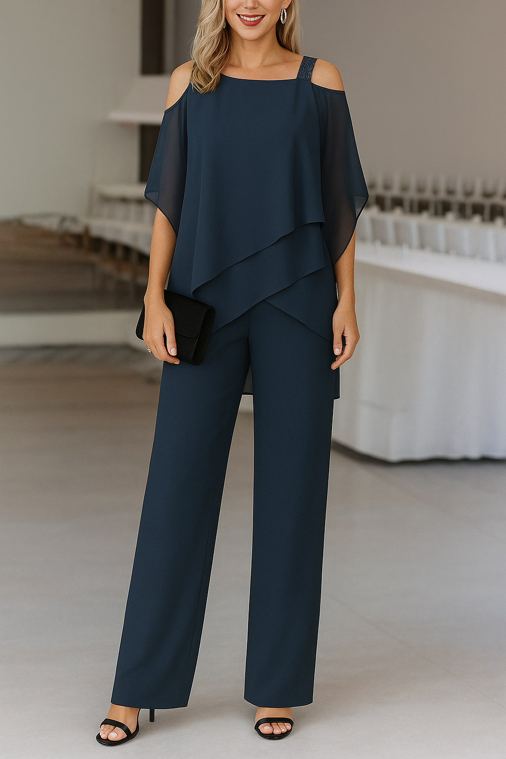 Elegante Luchtige Dames Set Met Off Shoulder Top En Wijde Broek