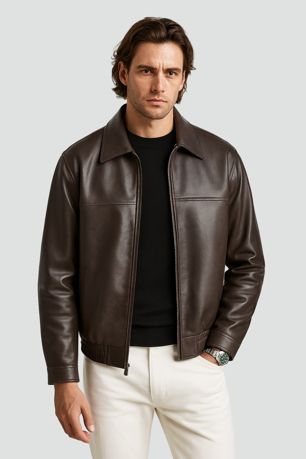 Leren Jas Heren Slim Fit Ritssluiting Rechte Kraag