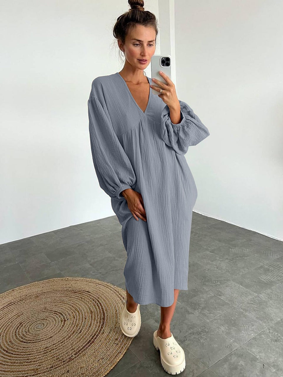 Midi Nachtjurk Met V Hals En Pofmouwen Voor Dames