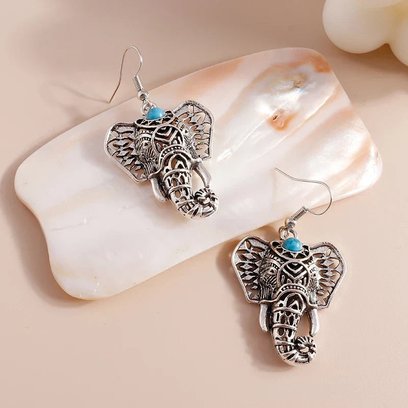 Vintage Olifant Dangle Oorbellen Zilver Bohemian