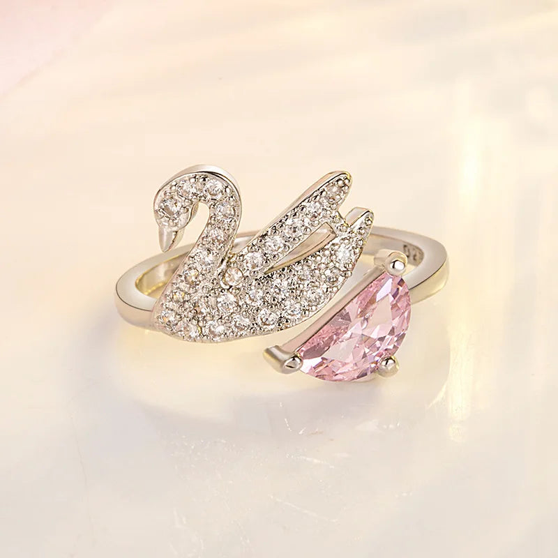 Zwanen Kristallen Ring - Verstelbaar Roze Goud