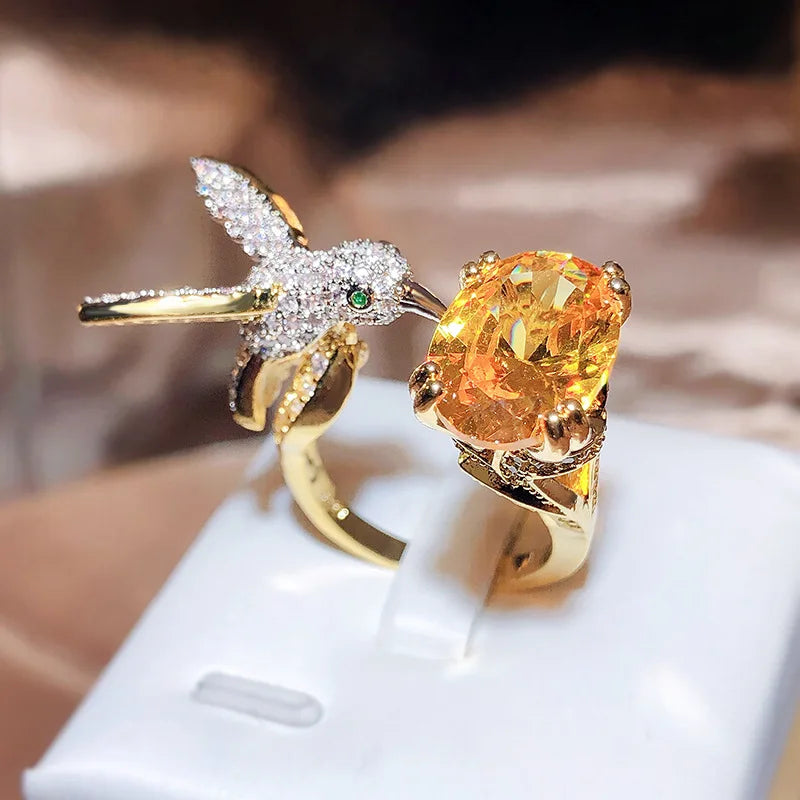 Verstelbare Hummingbird Edelsteenring – Zirkon, 14K Goud Verguld
