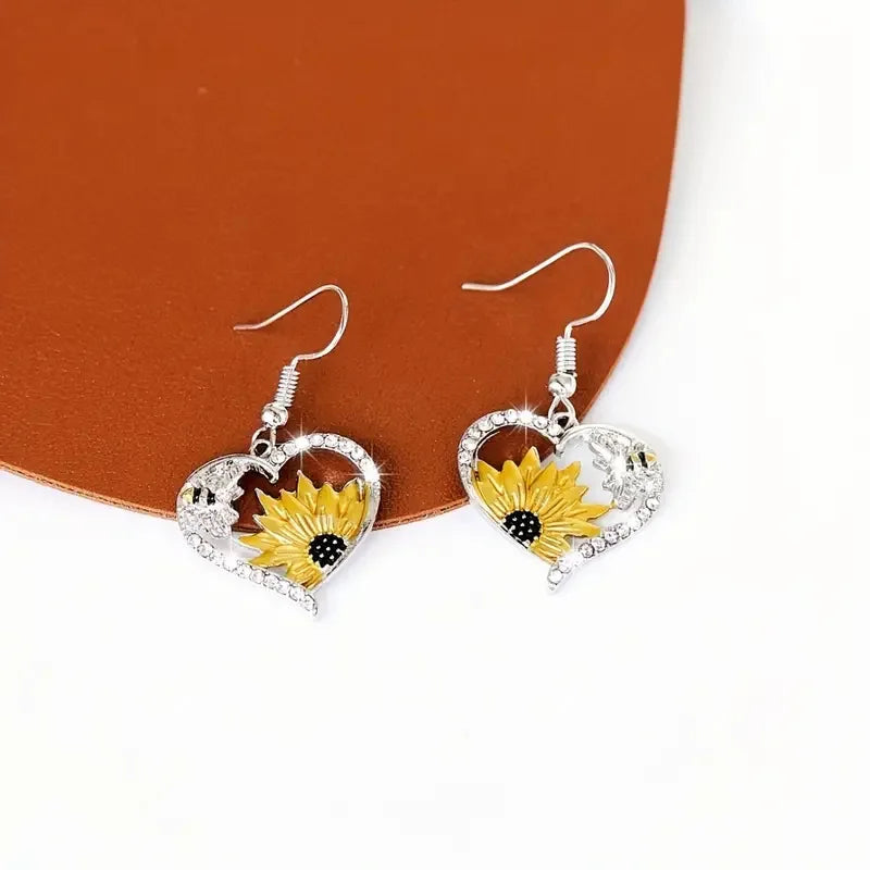 Vintage Boho Zonnebloem & Bij Hart Dangle Oorbellen