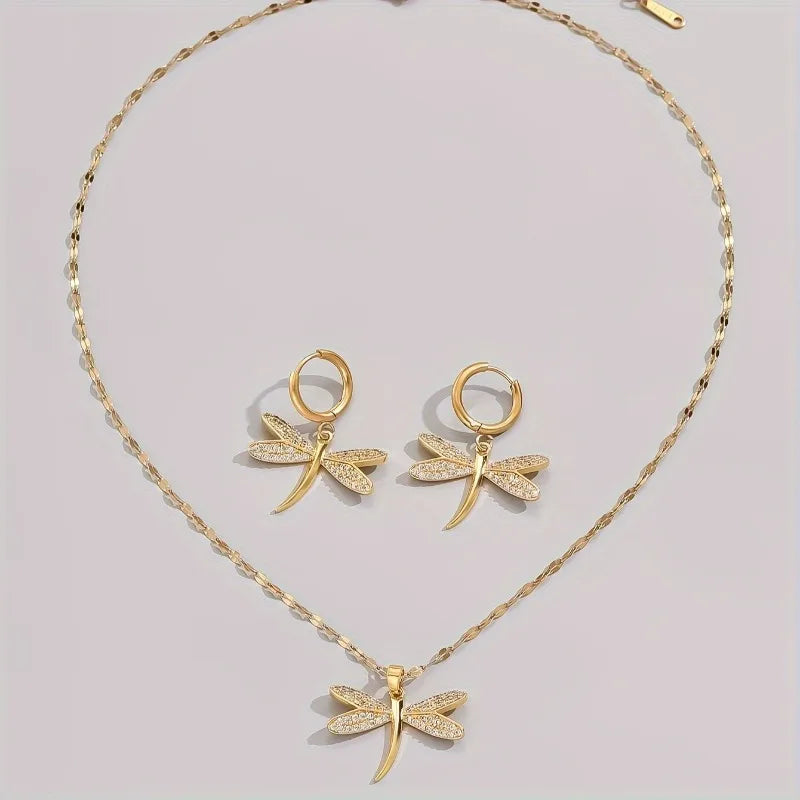 Gouden Libelle Sieraad Ketting met Bonus Oorbellen