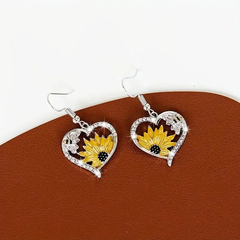 Vintage Boho Zonnebloem & Bij Hart Dangle Oorbellen