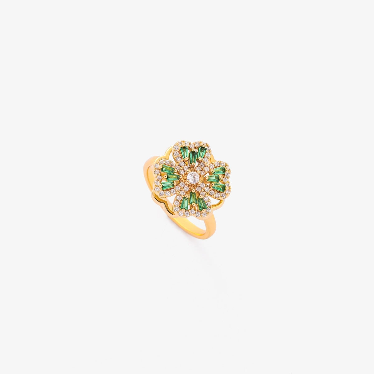Elegante gouden ring met draaiende klaverblad