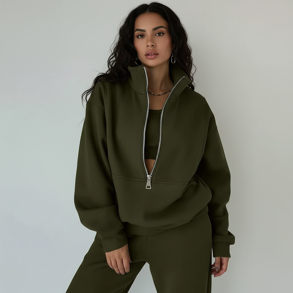 Sportieve Set Dames Regular Fit Trui Met Halfzip Broek Casual