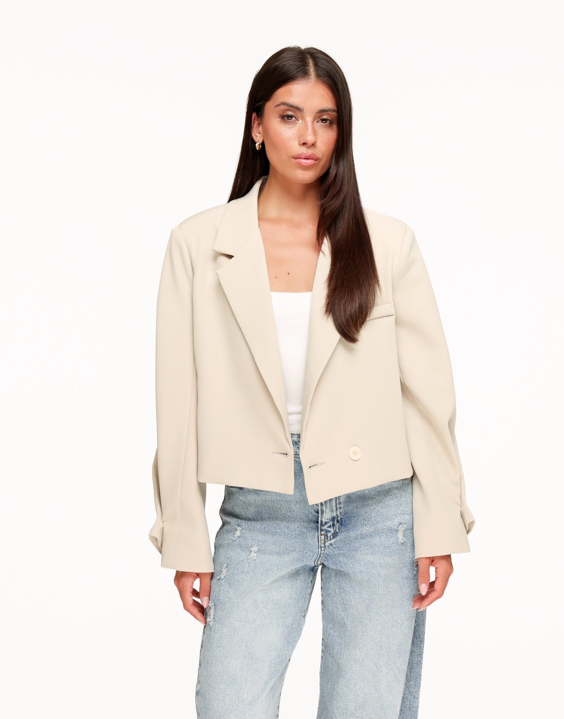 Beige Cropped Omgeslagen Mouwen - Blazer