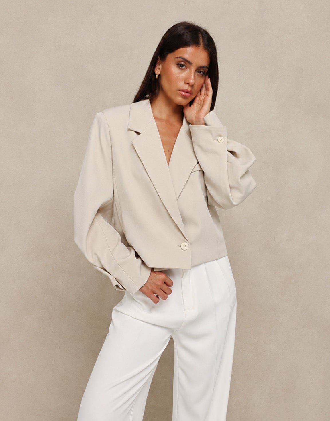 Beige Cropped Omgeslagen Mouwen - Blazer