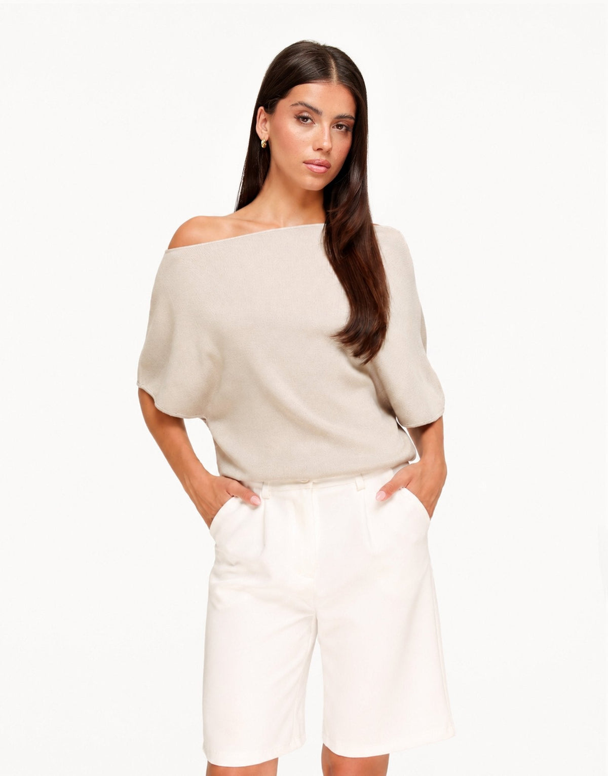 Beige Gebreide Off Shoulder - Trui