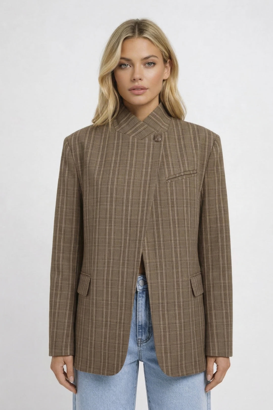 Blazer Dames Oversized Ruitpatroon Opstaande Kraag Casual