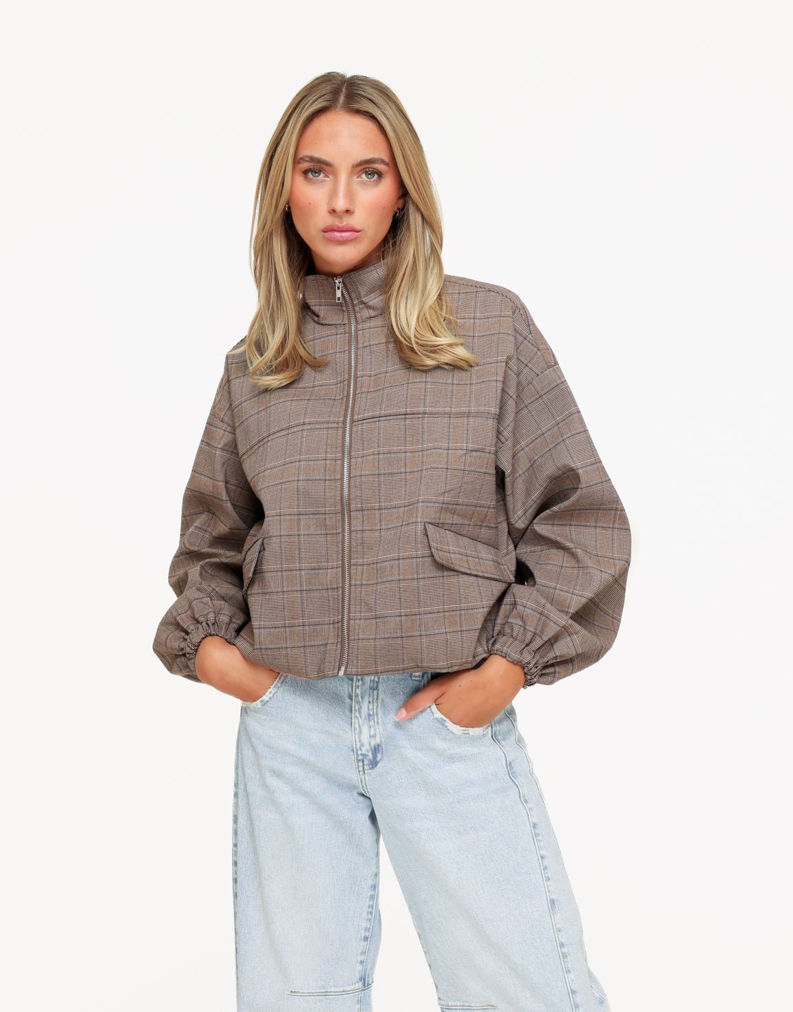 Bruine Luxe Geruiten Puffy Elastische Onderkant - Jas