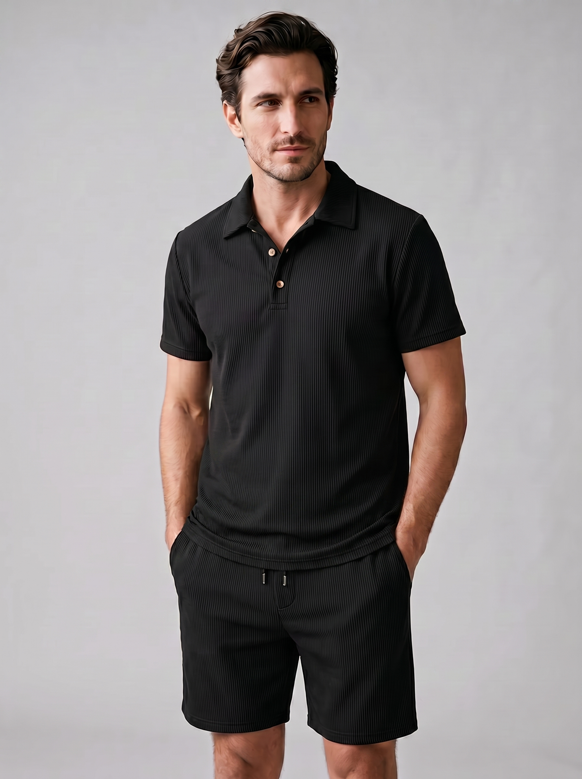 Corduroy Poloshirt en Shorts Set Heren Slim Fit