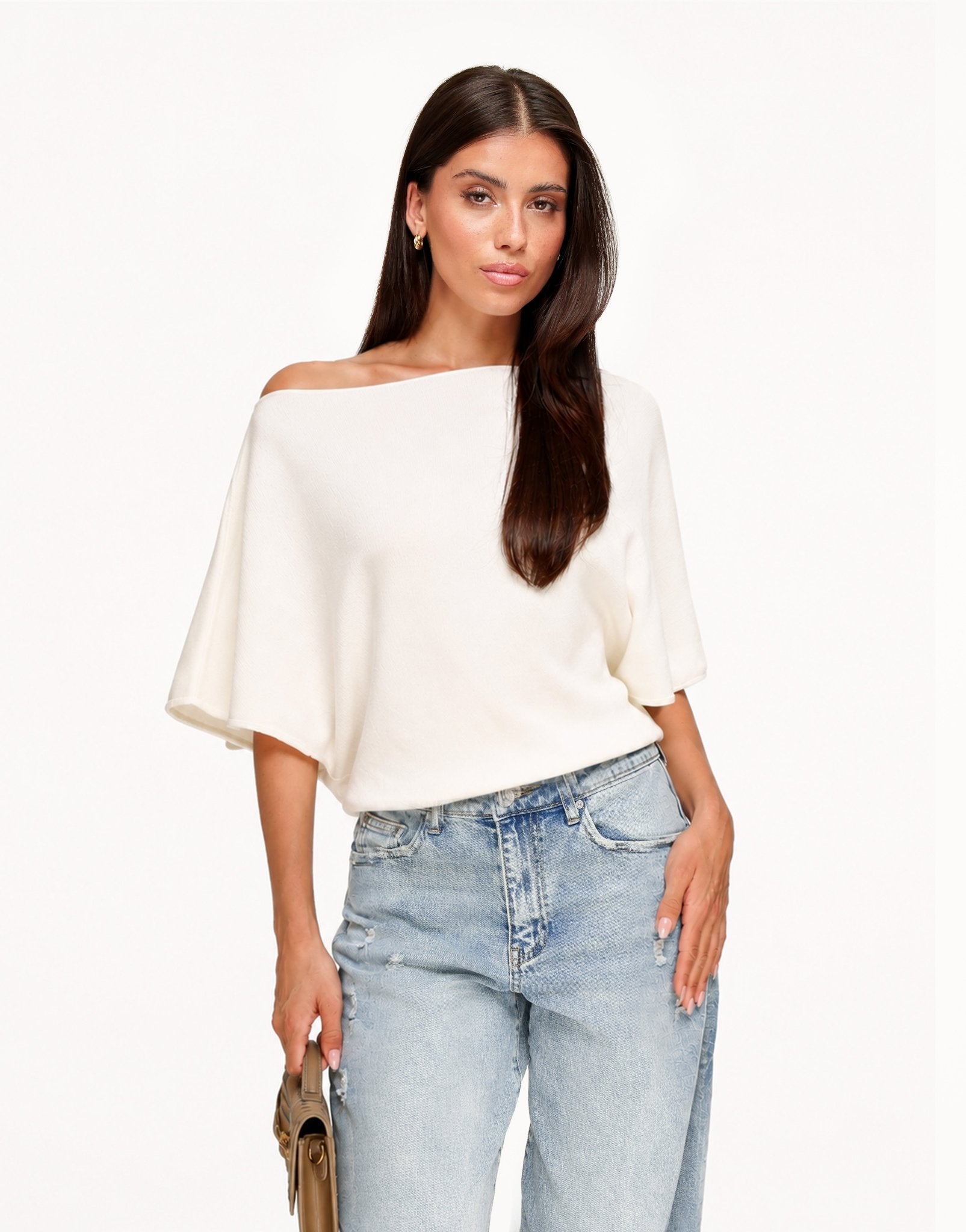 Creme Gebreide Off Shoulder - Trui