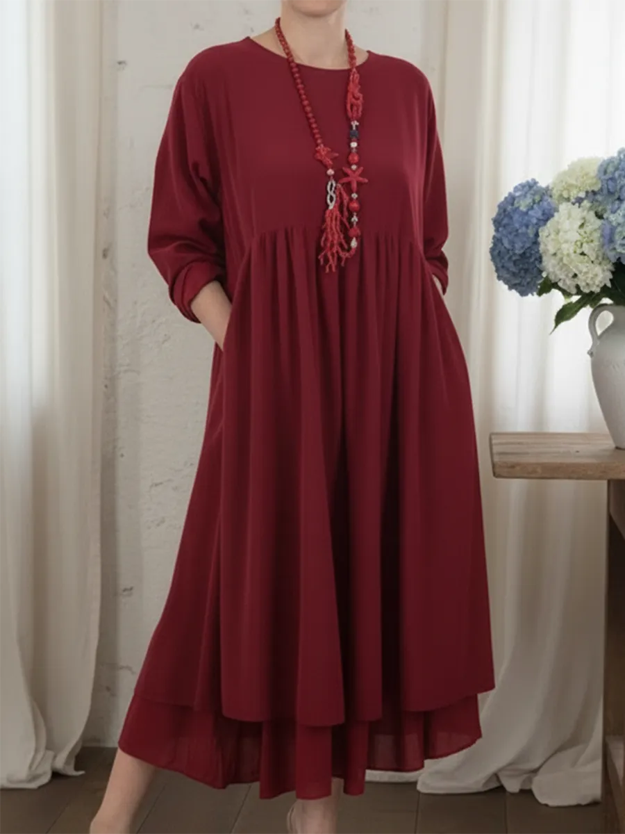 Dames Elegante Midi Jurk Met Losse Pasvorm En Lange Mouwen