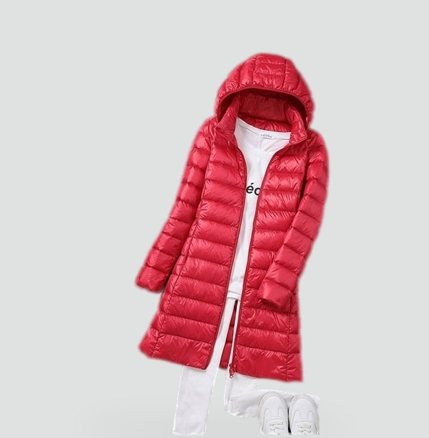 Dames lange donsjas met afneembare capuchon voor winterdagen