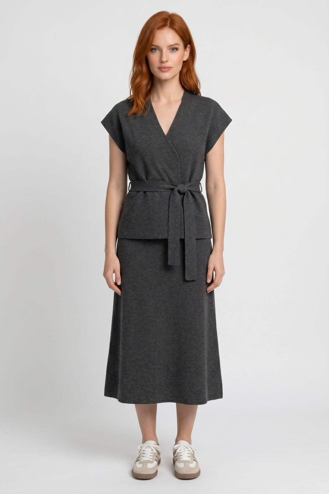Dames Set Vest Midi Rok Strikceintuur Casual Semi-Formeel