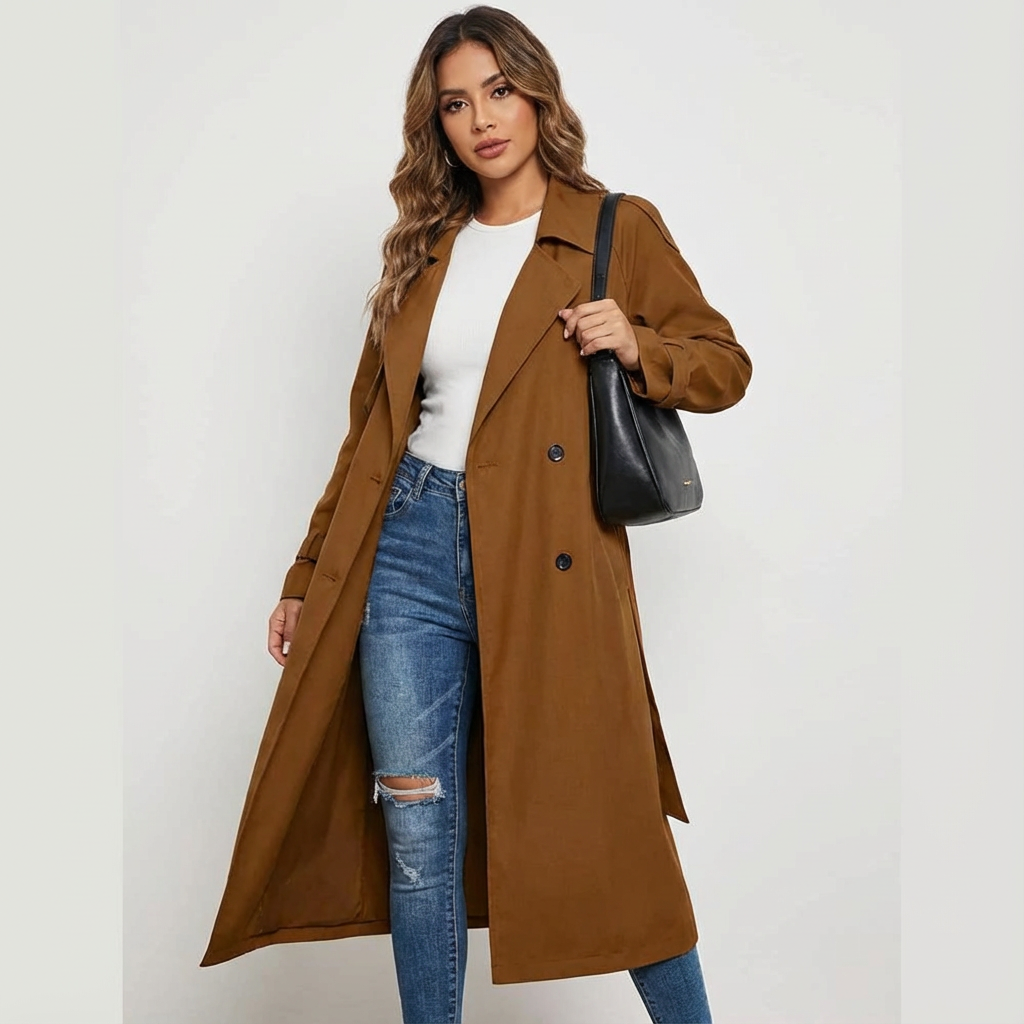 Dames Trenchcoat Lange Pasvorm Klassieke Knopenlijst Casual Formeel