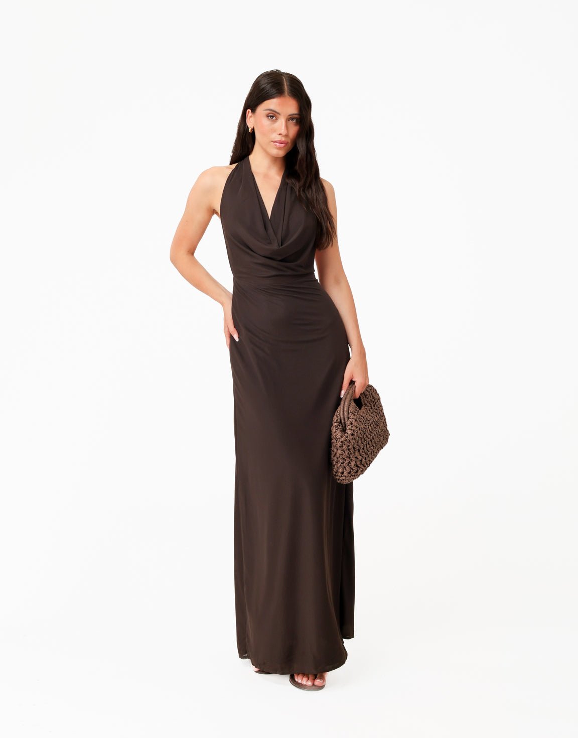 Donkerbruine Open Halter Lange - Jurk