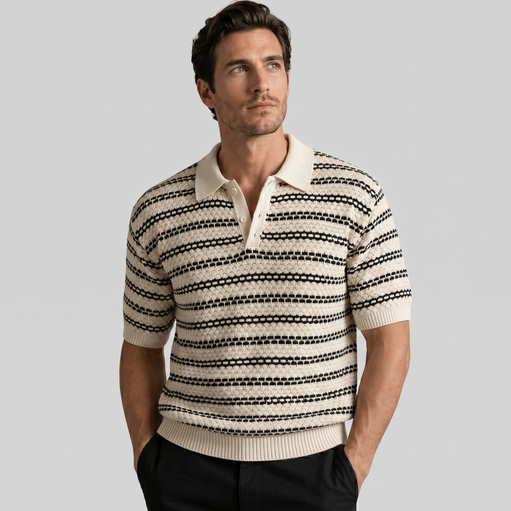Gebreide Polo Shirt Heren Tailored Fit Lange Mouwen Casual
