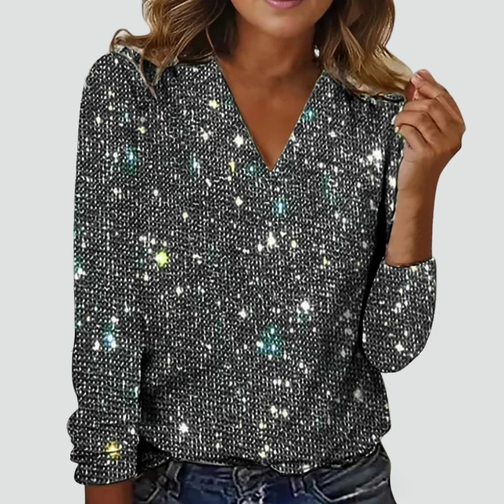 Glitterblouse voor Dames met V-hals en Lange Mouwen