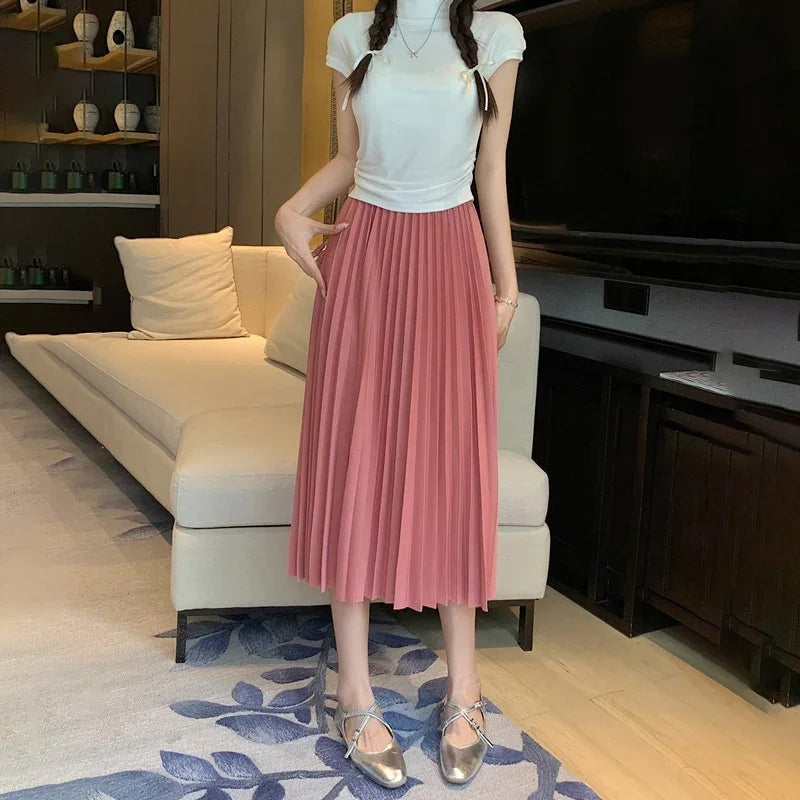 Dames Plissé Midi Rok met Hoge Taille voor Diverse Gelegenheden