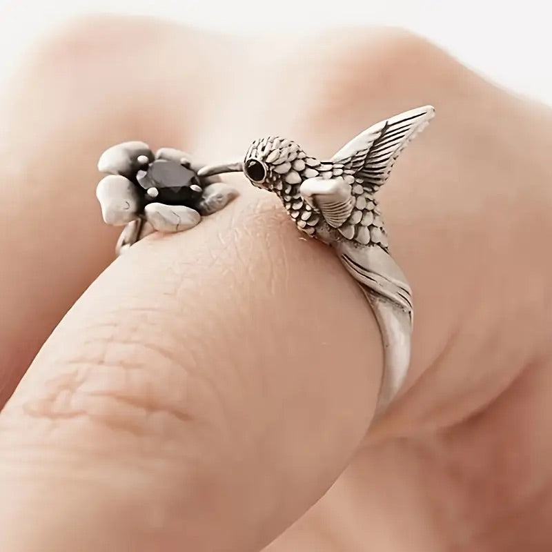 Hummingbird & Flower Ring – Verstelbare Open Vogelring voor Vrouwen